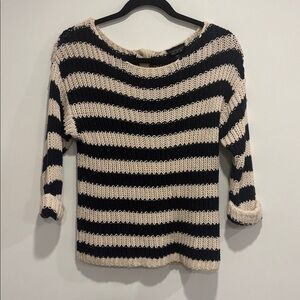 Topshop Off-Shoulder Sweater in Dark Blue and Cream Stripes 100% Cotton Size 2
